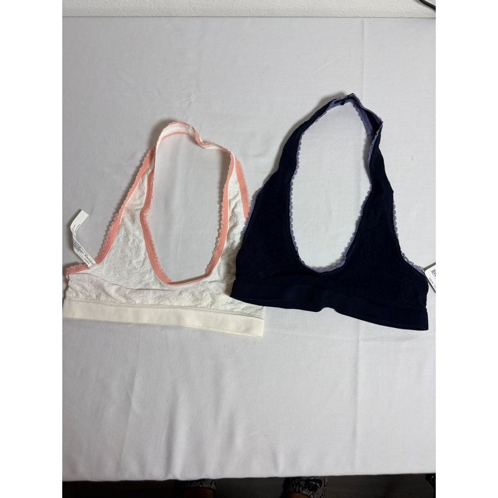 Free People Lace Halter Bralette 2 Pack medium Large Cream Navy Wireless Bra